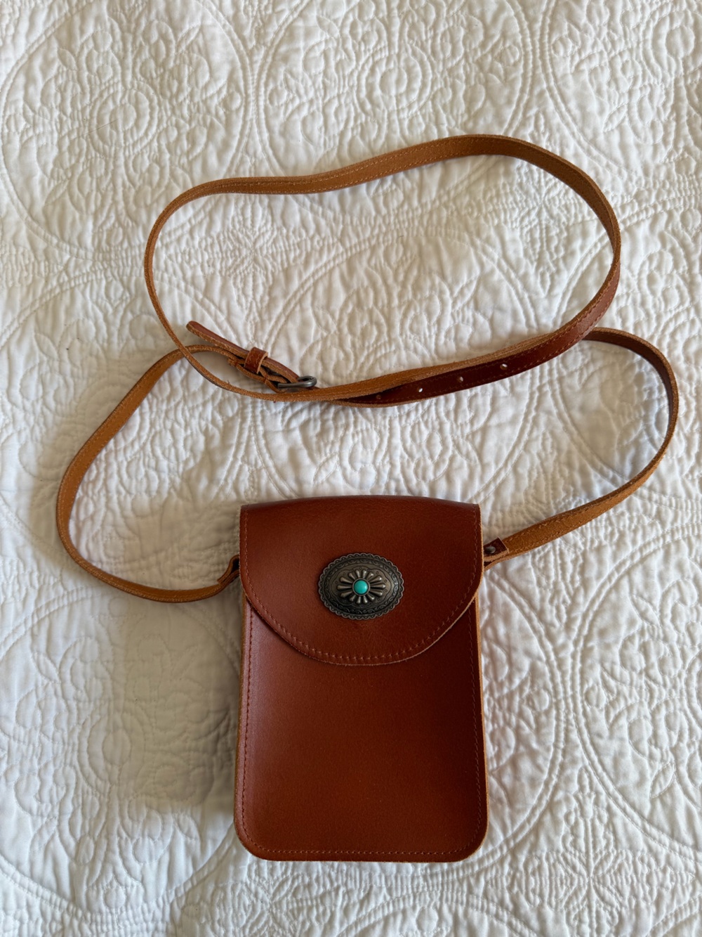 Leather Crossbody Bag with Turquoise Concho - Brown